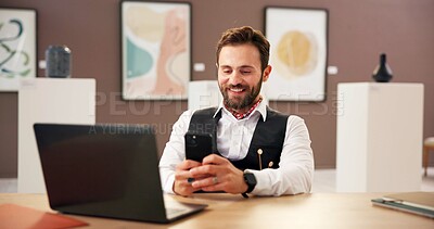 Buy stock photo Happy, man and reading with phone at art gallery for research, artwork information and schedule event. Male curator, mobile and social media reviews, online auction and showroom catalog of exhibition