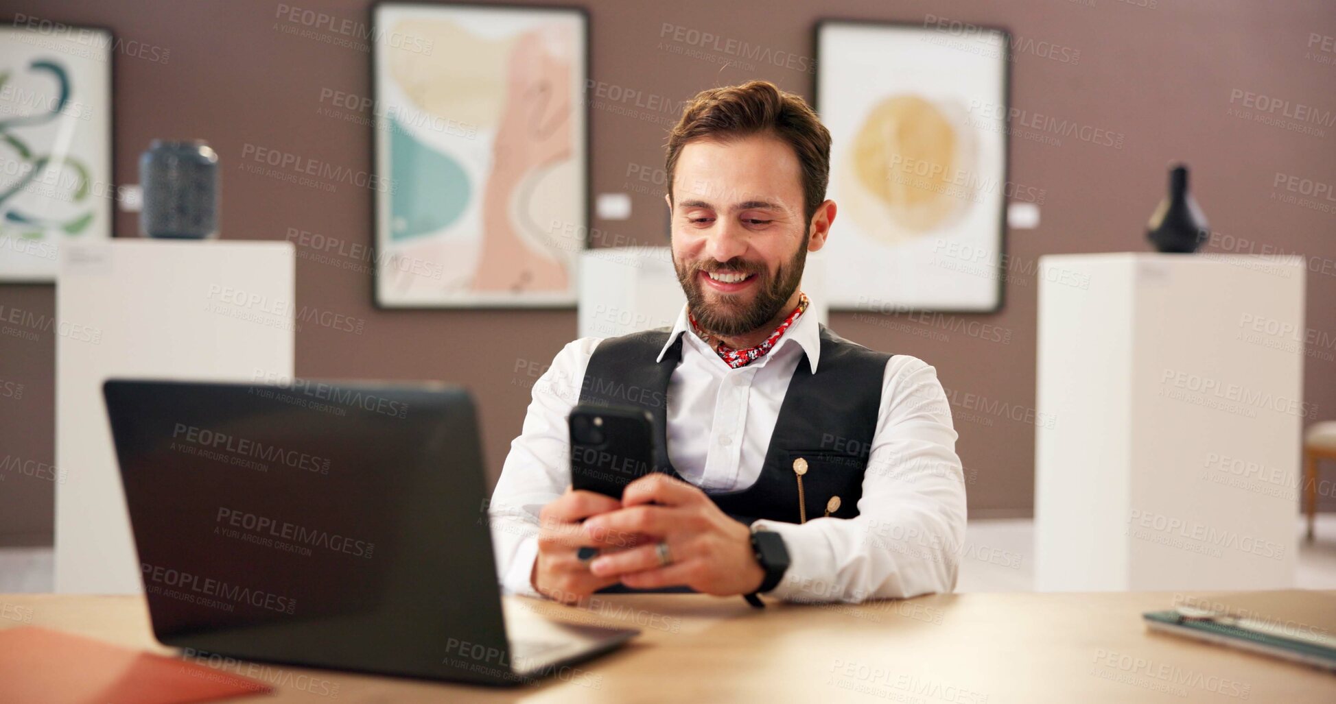 Buy stock photo Happy, man and reading with phone at art gallery for research, artwork information and schedule event. Male curator, mobile and social media reviews, online auction and showroom catalog of exhibition
