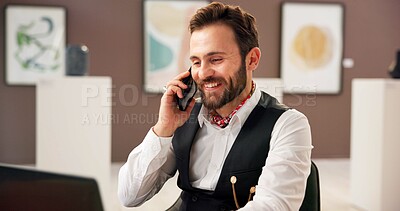 Buy stock photo Laptop, phone call and smile of man in art gallery for exhibition or networking as curator. Communication, conversation and planning on computer with person in museum for expo, showcase or vision