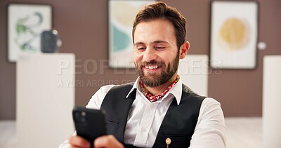 Buy stock photo Smile, man and reading with phone at art gallery for research, artwork information and schedule event. Male curator, mobile and social media reviews, online auction and showroom catalog of exhibition