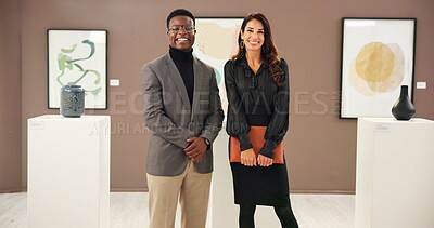 Buy stock photo Curator, collaboration and people in art gallery, smile and colleagues with pride, creative and exhibition. Happy, conservator and team with confidence for auction, portrait and fundraising event