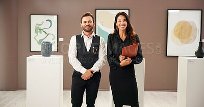 Buy stock photo Teamwork, business people and portrait with smile for exhibition, event and gallery opening with confidence. Collaboration, man and woman as art directors for museum, creative project and file