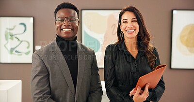 Buy stock photo Collaboration, man and woman with smile in art gallery, curator and colleagues with pride for exhibition. Happy, conservator and team with confidence for auction, portrait and fundraising event