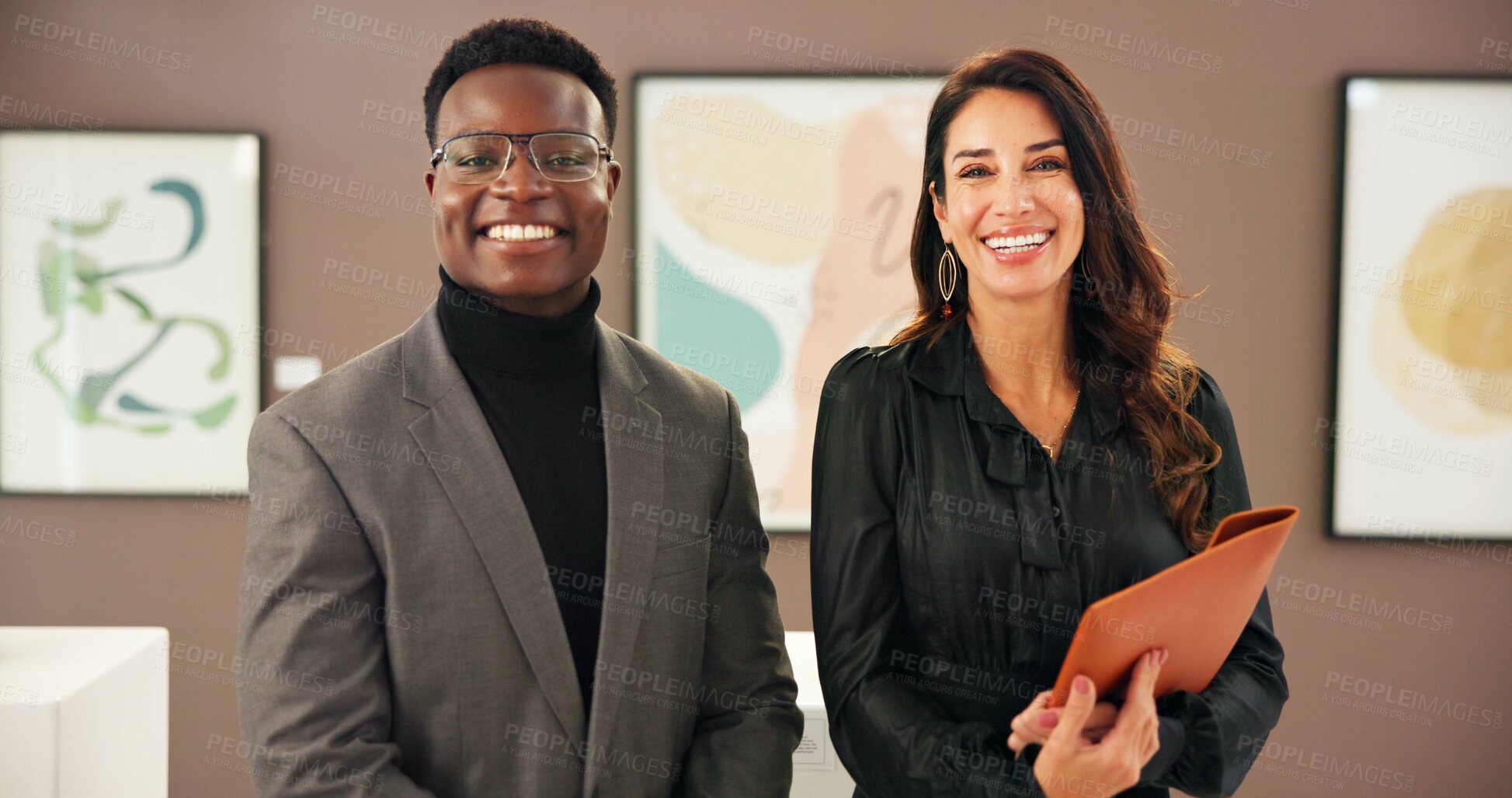Buy stock photo Collaboration, man and woman with smile in art gallery, curator and colleagues with pride for exhibition. Happy, conservator and team with confidence for auction, portrait and fundraising event