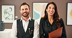 Confident, man and woman with smile in art gallery, curator and colleagues with pride for exhibition. Happy, conservator and team with collaboration for auction, portrait and fundraising event in USA
