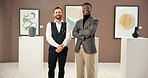 Colleagues, confident and men with smile in art gallery, curator or people with arms crossed for exhibition. Happy, portrait and team with collaboration for auction, pride or fundraising event in USA