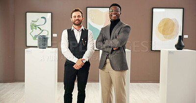 Buy stock photo Colleagues, confident and men with smile in art gallery, curator or people with arms crossed for exhibition. Happy, portrait and team with collaboration for auction, pride or fundraising event in USA