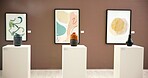 Painting frame, vase and art gallery with exhibition for abstract pieces with ceramic sculptures. Empty, creative and collection of pictures and clay pots for display, decoration or showcase.