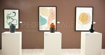 Buy stock photo Painting frame, vase and art gallery with exhibition for abstract pieces with ceramic sculptures. Empty, creative and collection of pictures and clay pots for display, decoration or showcase.