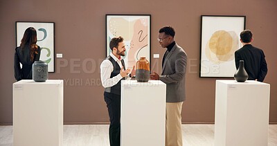 Buy stock photo Smile, business people and talking with negotiation for exhibition, event and gallery opening with curator. Team, men and art director with client for museum, discussion and creativity in office