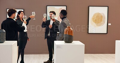 Buy stock photo People, art and toast with champagne at gallery for event success, celebration and auction goals. Men, woman and cheers with wine glass for sculpture sales, artwork collection and expo negotiation