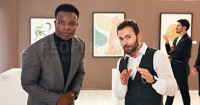 Buy stock photo Creative, men and exhibition with discussion in art gallery for negotiation, talk and explain deal. People, portrait and customer with museum, guide and display with culture, talent or pov at event