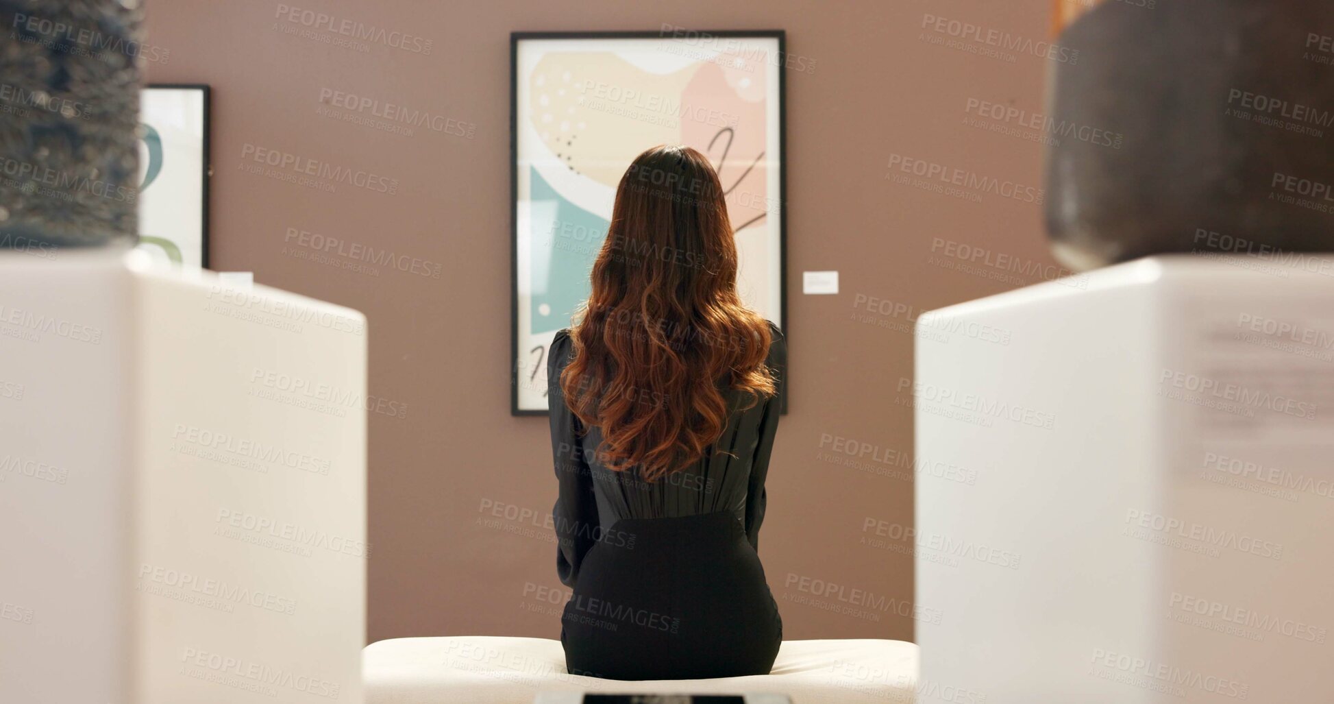Buy stock photo Painting, curator and woman in art gallery, back and planning for exhibition of collection and thinking. Creative, conservator and person in museum for auction, contemplating and employee with vision