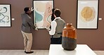 Curator, people and painting in art gallery for exhibition planning, design showcase and management. Creative collection, employees and tablet for catalog preservation, team instructions and guidance