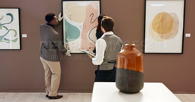Buy stock photo Curator, people and painting in art gallery for exhibition planning, design showcase and management. Creative collection, employees and tablet for catalog preservation, team instructions and guidance