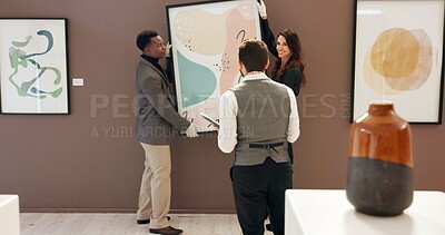 Buy stock photo Curator, people and painting position in art gallery for exhibition planning, design showcase and management. Creative, employees and tablet for catalog preservation, team instructions and guidance