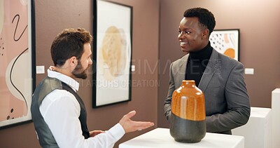 Buy stock photo Creative, men and vase with tablet in art gallery for negotiation, discussion and explain deal. People, ceramics and customer with museum, guide and display with culture, talent or sculpture at event