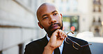 Black man, lawyer and thinking with glasses in city for vision, dream or ambition for idea. Male person, attorney or wonder with thought for corporate opportunity, career or job in an urban town