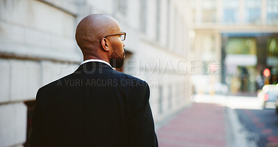 Buy stock photo City, commute and walking with business black man outdoor on sidewalk for travel to work location. Back, journey and thinking with employee in urban town for inspiration or opportunity as pedestrian