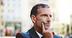 Businessman, thinking and city with ambition for corporate vision, job or career opportunity. Man, employee or wonder with thought for travel, work trip or business development in an urban town