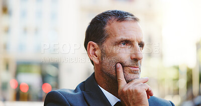 Buy stock photo Businessman, thinking and city with ambition for corporate vision, job or career opportunity. Man, employee or wonder with thought for travel, work trip or business development in an urban town
