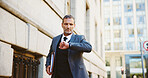Businessman, walking and checking watch in city for travel delay, schedule or running late. Man, attorney or lawyer with wristwatch for time, deadline or court case appointment in an urban town