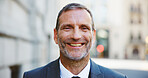 City, businessman and portrait with smile for travel, professional career and attorney with confidence. Happiness, mature person and male lawyer in urban for law firm, legal aid or commute in morning