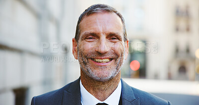 Buy stock photo City, businessman and portrait with smile for travel, professional career and attorney with confidence. Happiness, mature person and male lawyer in urban for law firm, legal aid or commute in morning