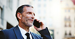 Happy, businessman and city with phone call for negotiation, communication or conversation. Man, employee or advisor talking with smile on mobile smartphone for business advice in an urban town