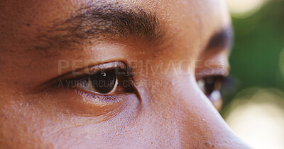 Buy stock photo Eyes, future and vision with person outdoor, closeup for daydreaming, hope or thinking. Concentration, mindfulness and thoughtful with contemplation in nature for ideas, memories or planning