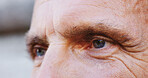 Person, eyes and vision with sight for dream, ambition or visual aid of senior citizen. Closeup, elderly or pensioner with optical senses, iris or aging for retirement, memory or contemplation