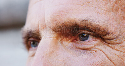 Buy stock photo Person, eyes and vision with sight for dream, ambition or visual aid of senior citizen. Closeup, elderly or pensioner with optical senses, iris or aging for retirement, memory or contemplation