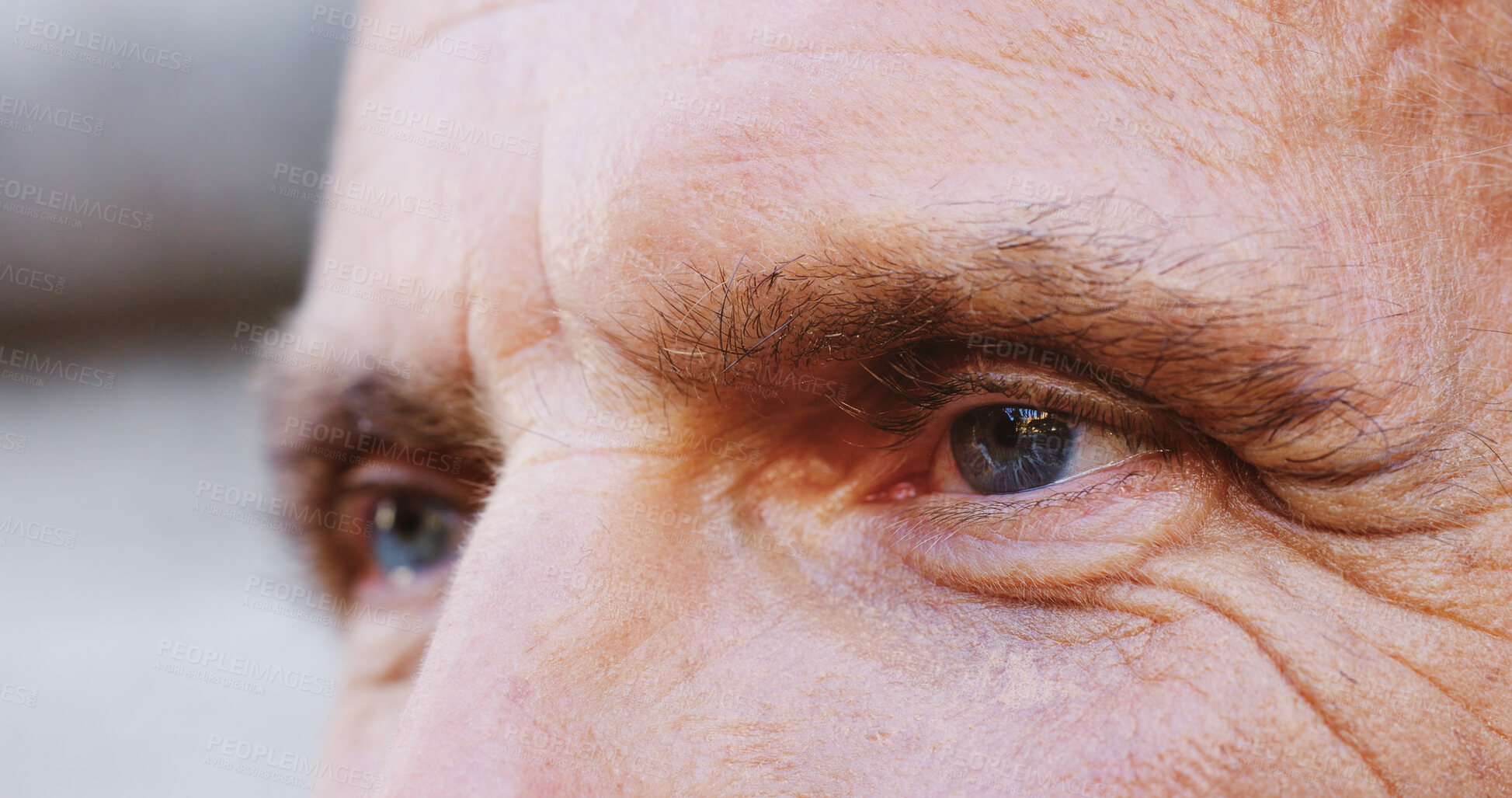 Buy stock photo Person, eyes and vision with sight for dream, ambition or visual aid of senior citizen. Closeup, elderly or pensioner with optical senses, iris or aging for retirement, memory or contemplation