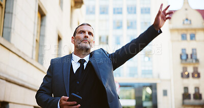 Buy stock photo Businessman, phone and calling taxi in city for cab ride, transportation service or travel. Man, employee or traveler hailing with mobile smartphone or app for lift or local commute in an urban town