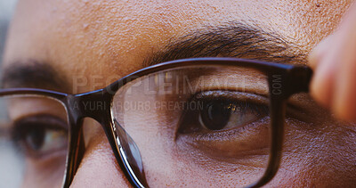 Buy stock photo Eyes, thinking and person with glasses closeup for optometry, wellness and vision correction. Planning, zoom and remove spectacles for eyesight health, eyecare and reflection for idea or decision