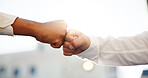 Business people, meeting and city with fist bump for b2b, partnership or teamwork in success. Closeup, employees or colleagues with touch in agreement for good job, well done or thank you in town