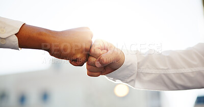 Buy stock photo Business people, meeting and city with fist bump for b2b, partnership or teamwork in success. Closeup, employees or colleagues with touch in agreement for good job, well done or thank you in town