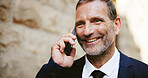 Happy, businessman and talking with phone call in city for communication, chat or discussion. Man, employee or financial advisor speaking with smile on mobile smartphone for business advice in town