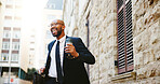 Dancing, lawyer and black man in city, achievement and promotion with success, energy and smile. African person, outdoor and happy attorney with victory, movement and job opportunity with celebration