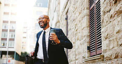 Buy stock photo Dancing, lawyer and black man in city, achievement and promotion with success, coffee and smile. African person, outdoor or attorney with victory, movement and job opportunity with celebration or tea