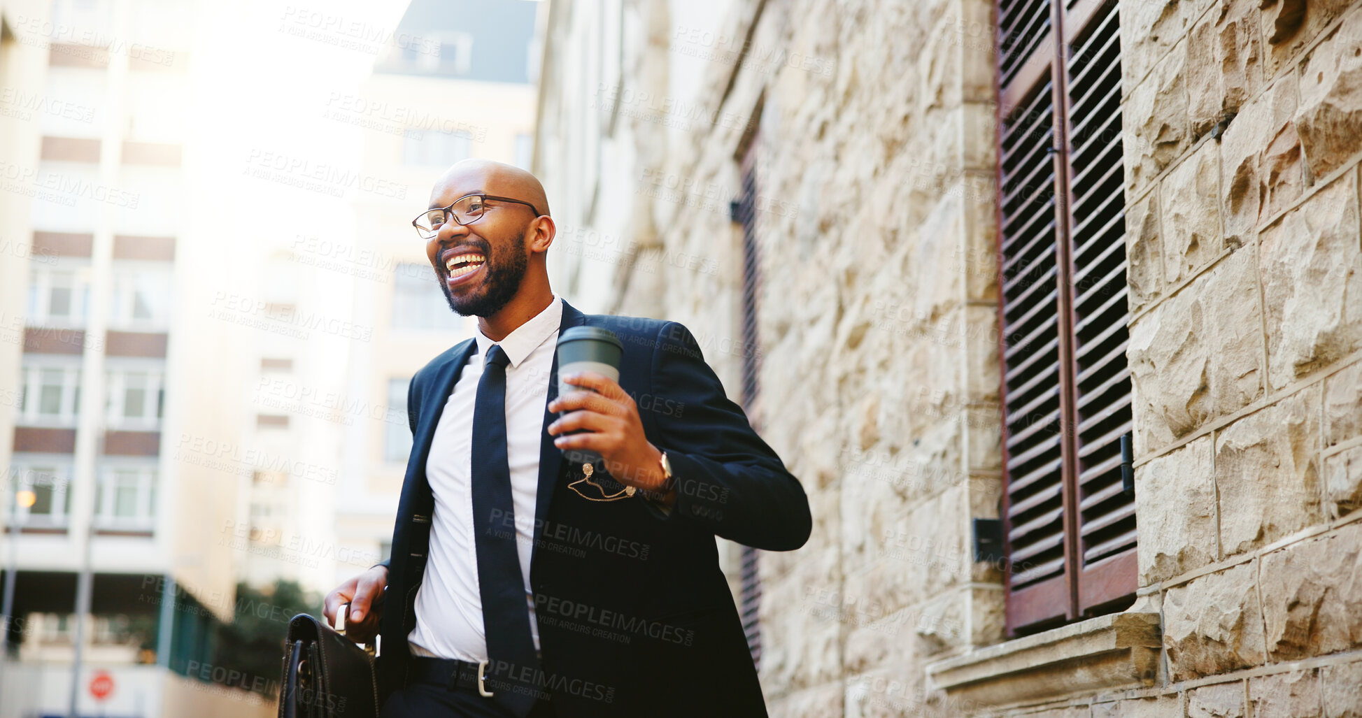 Buy stock photo Dancing, lawyer and black man in city, achievement and promotion with success, coffee and smile. African person, outdoor or attorney with victory, movement and job opportunity with celebration or tea