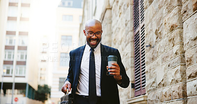 Buy stock photo Dancing, lawyer and black man with smile, outdoor and promotion with energy, winning and briefcase. African person, success and happy attorney with victory, movement and job opportunity with coffee