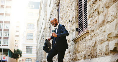 Buy stock photo Dancing, lawyer and black man in city, smile and promotion with success, energy and briefcase. African person, outdoor and happy attorney with victory, movement and job opportunity with achievement