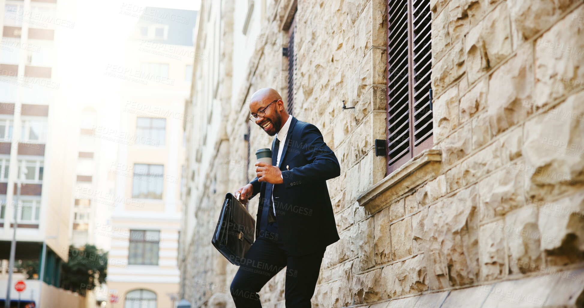 Buy stock photo Dancing, lawyer and black man in city, smile and promotion with success, energy and briefcase. African person, outdoor and happy attorney with victory, movement and job opportunity with achievement