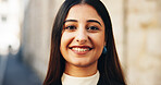 Smile, city and portrait of business woman with confidence, pride and happy for career. Professional, corporate worker and face of person in urban town for job opportunity, company and ambition