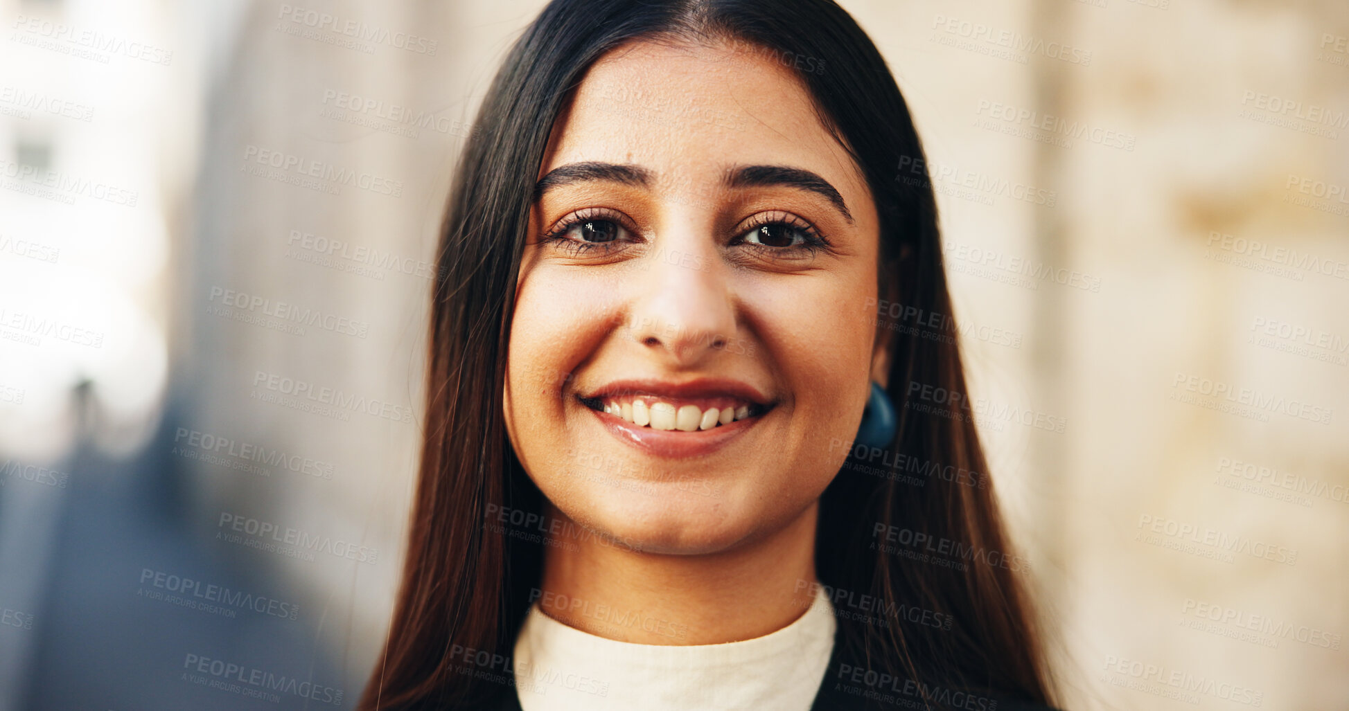 Buy stock photo Smile, city and portrait of business woman with confidence, pride and happy for career. Professional, corporate worker and face of person in urban town for job opportunity, company and ambition