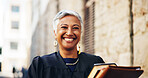 Documents, portrait and smile of lawyer woman outdoor for preparation of court case or trial. Commute, file or walking and happy mature attorney in city with legislation for legal representation