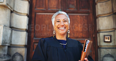 Buy stock photo Portrait, attorney and woman in city, folder or trial report with courtroom schedule. Face, mature person or lawyer with file, specialist or legal services with justice constitution or verdict claims