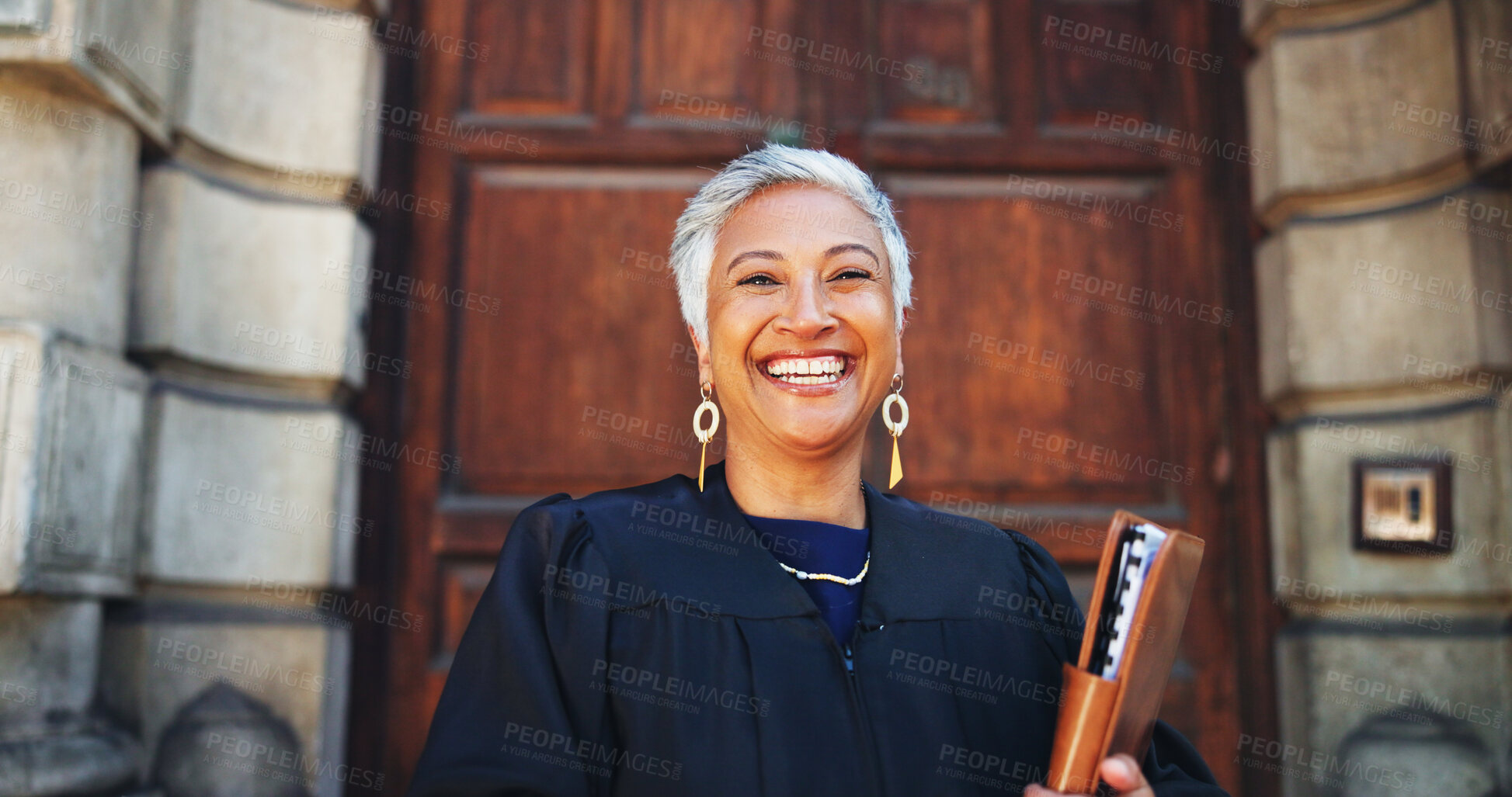 Buy stock photo Portrait, attorney and woman in city, folder or trial report with courtroom schedule. Face, mature person or lawyer with file, specialist or legal services with justice constitution or verdict claims