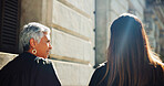 Discussion, walking and business women in city planning for legal case outdoor with collaboration. Conversation, manager and attorney working on corporate legislation case with commuting in town.
